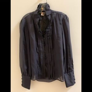 Fine. Black, sheer silk blouse with camisole. Ruffled neck. Silk